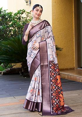 Grey Digital Print Crepe Saree Set