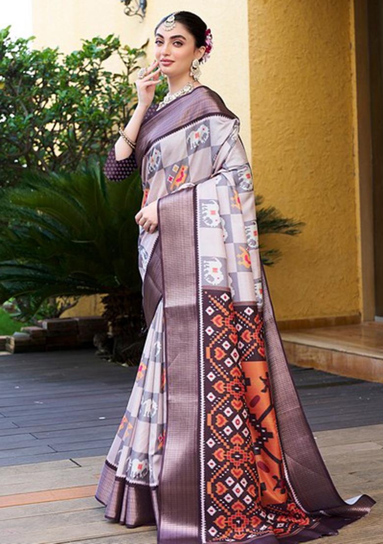 Grey Digital Print Crepe Saree Set