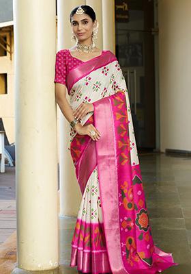 Cream Digital Print Crepe Saree Set