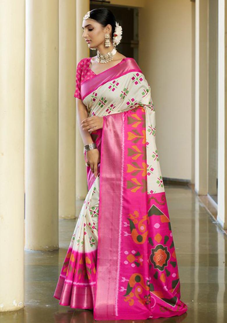 Cream Digital Print Crepe Saree Set