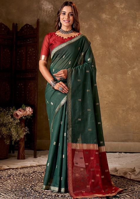 Green Woven Cotton Saree Set