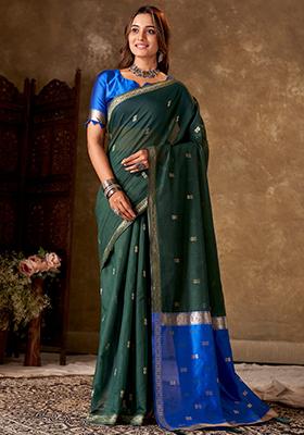 Blue Woven Cotton Saree Set