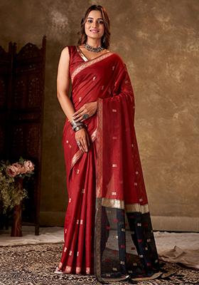 Red Woven Cotton Saree Set