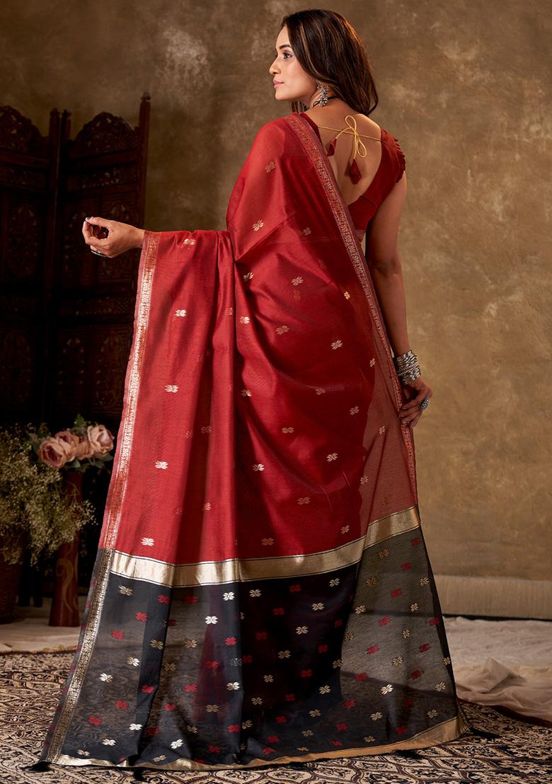 Red Woven Cotton Saree Set