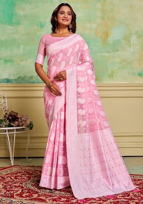 Pink Woven Cotton Saree Set