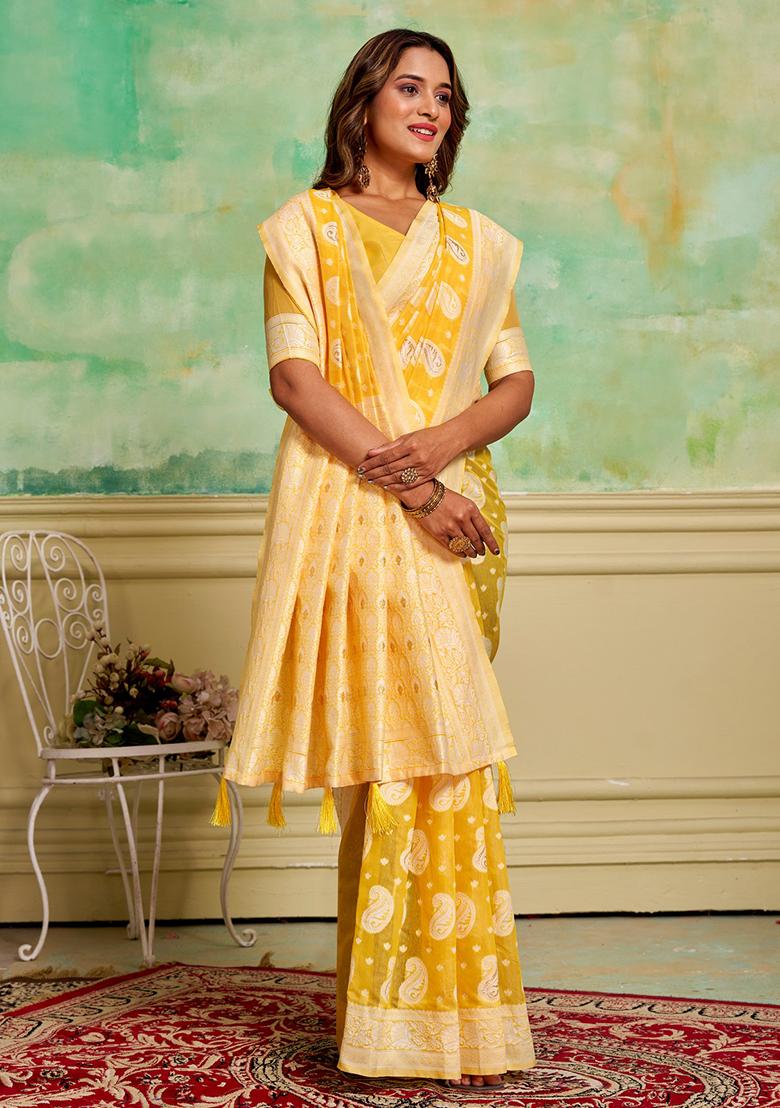 Yellow Woven Cotton Saree Set