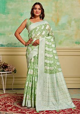 Pista Green Woven Cotton Saree Set