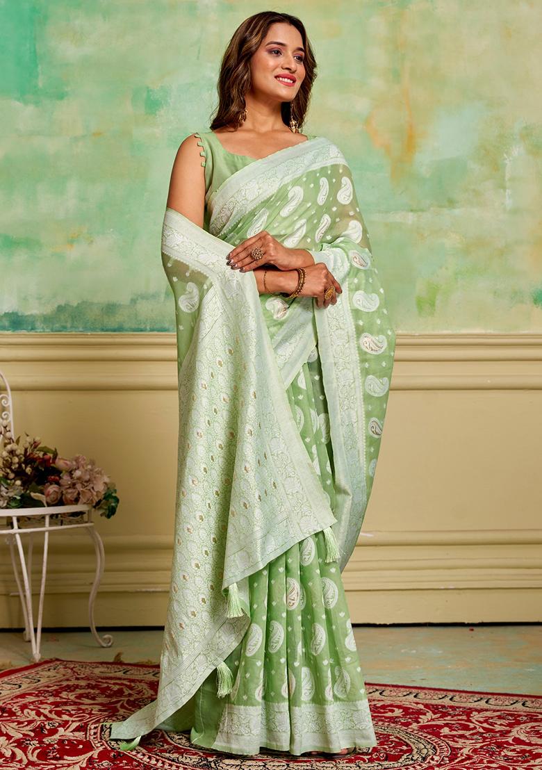 Pista Green Woven Cotton Saree Set