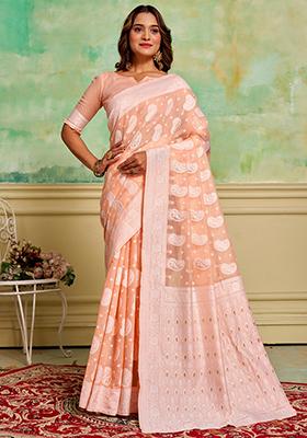 Peach Woven Cotton Saree Set