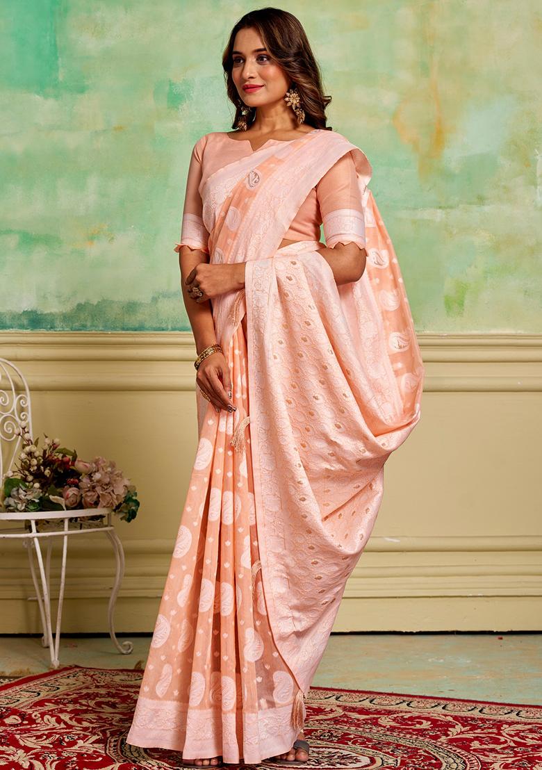 Peach Woven Cotton Saree Set