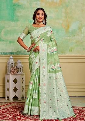 Green Woven Cotton Saree Set