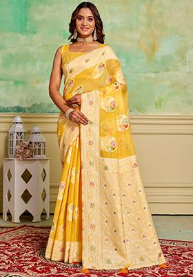 Yellow Woven Cotton Saree Set