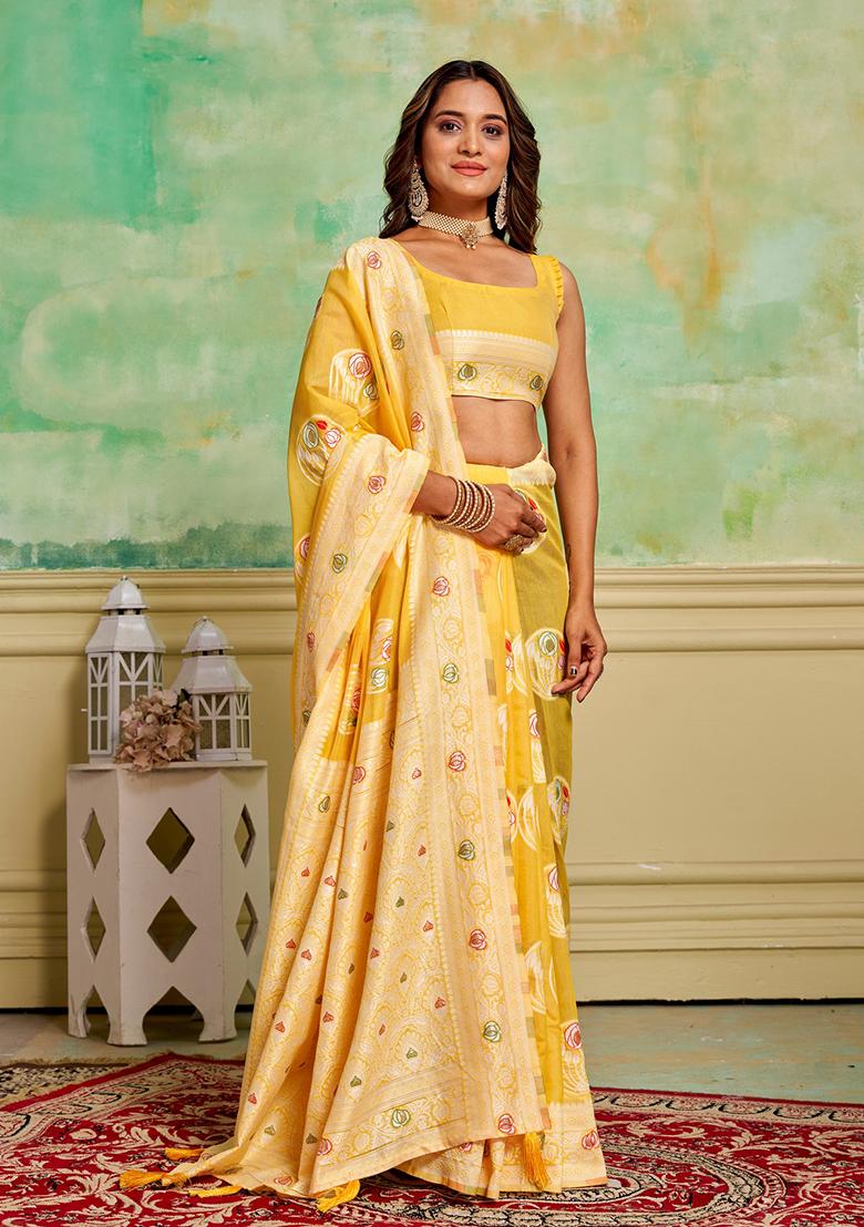 Yellow Woven Cotton Saree Set