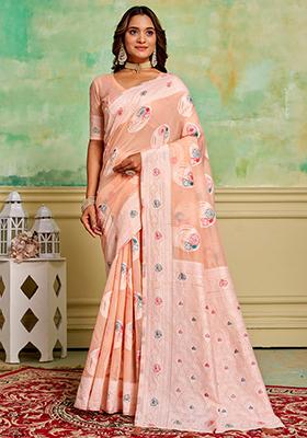 Peach Woven Cotton Saree Set
