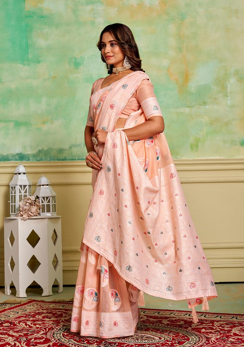 Peach Woven Cotton Saree Set
