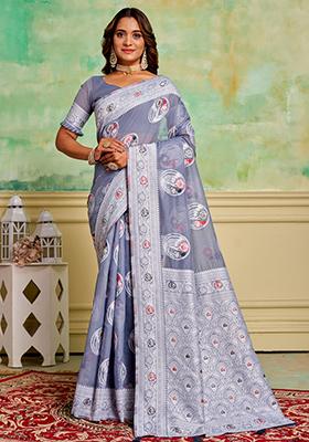 Grey Woven Cotton Saree Set