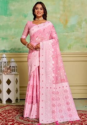 Pink Woven Cotton Saree Set