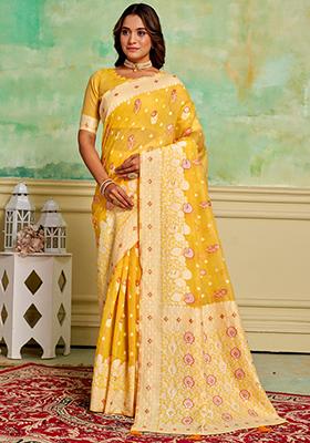 Yellow Woven Cotton Saree Set