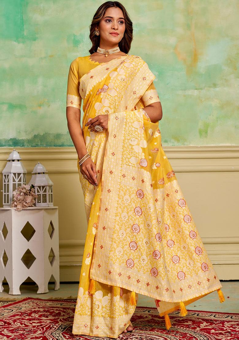 Yellow Woven Cotton Saree Set