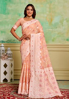 Peach Woven Cotton Saree Set