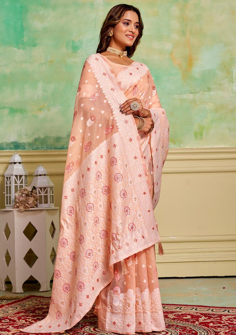 Peach Woven Cotton Saree Set