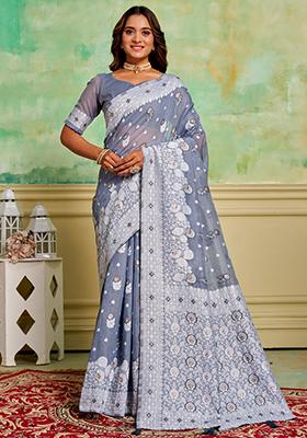 Grey Woven Cotton Saree Set