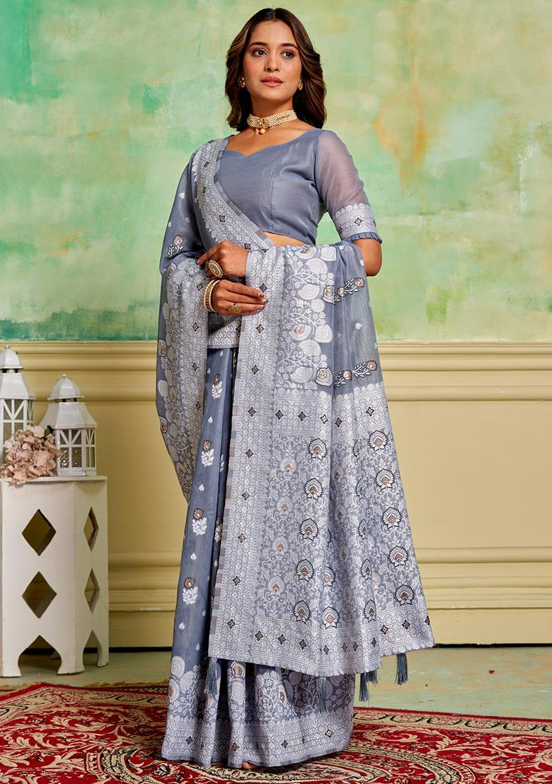 Grey Woven Cotton Saree Set