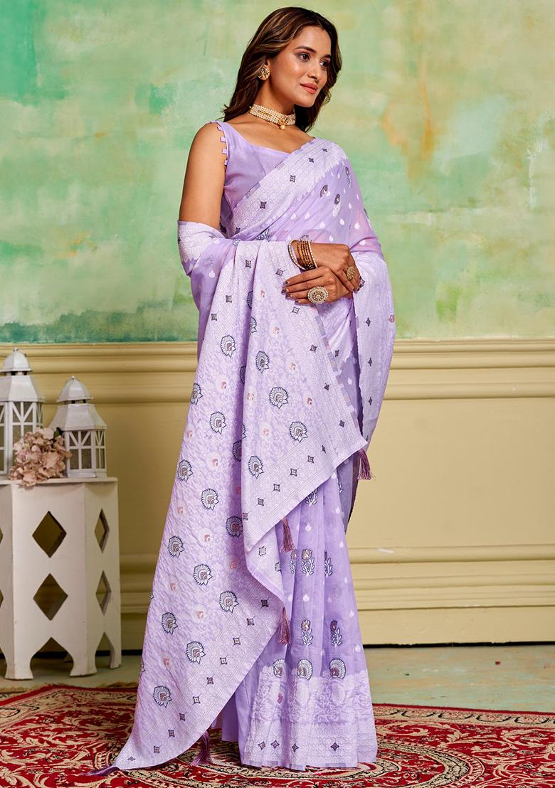 Lavender Woven Cotton Saree Set