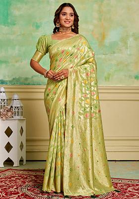 Green Woven Cotton Saree Set