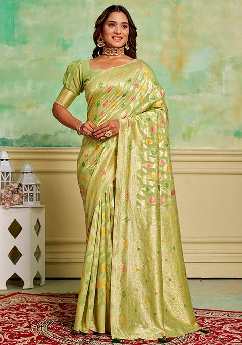 Green Woven Cotton Saree Set