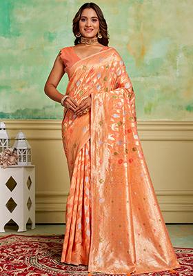 Peach Woven Cotton Saree Set