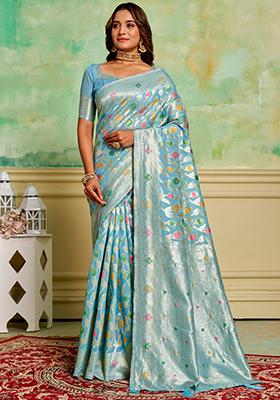 Aqua Blue Woven Cotton Saree Set