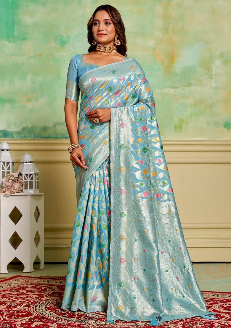 Aqua Blue Woven Cotton Saree Set