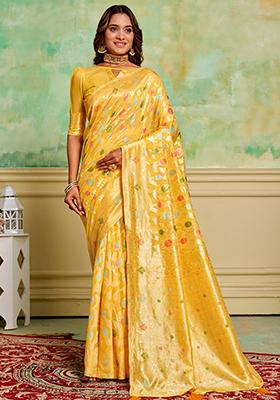 Yellow Woven Cotton Saree Set