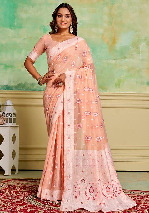 Peach Woven Cotton Saree Set