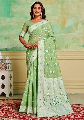 Pista Green Woven Cotton Saree Set