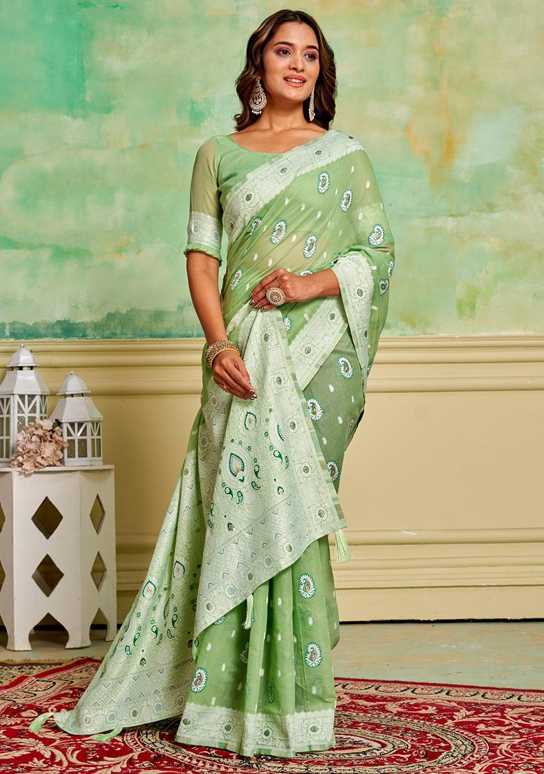 Pista Green Woven Cotton Saree Set