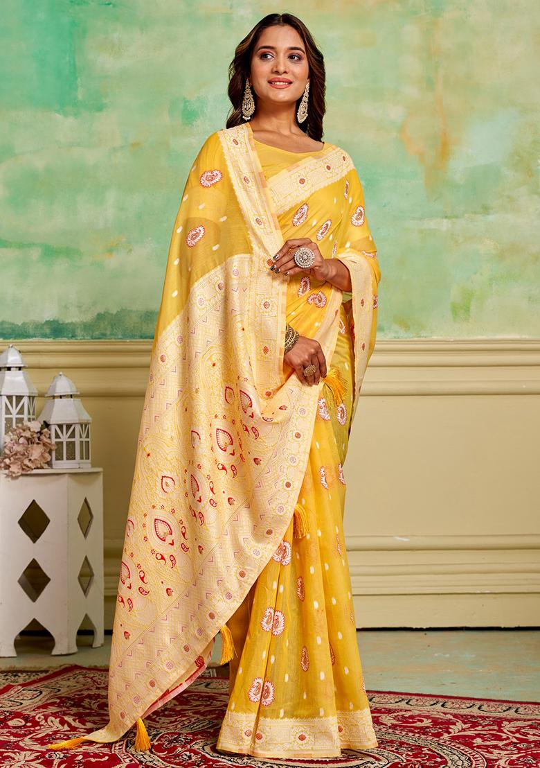 Yellow Woven Cotton Saree Set