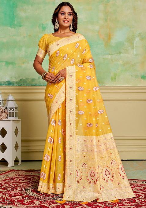 Yellow Woven Cotton Saree Set