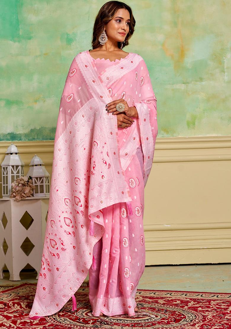 Pink Woven Cotton Saree Set