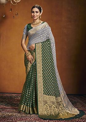 Green Woven Georgette Saree Set
