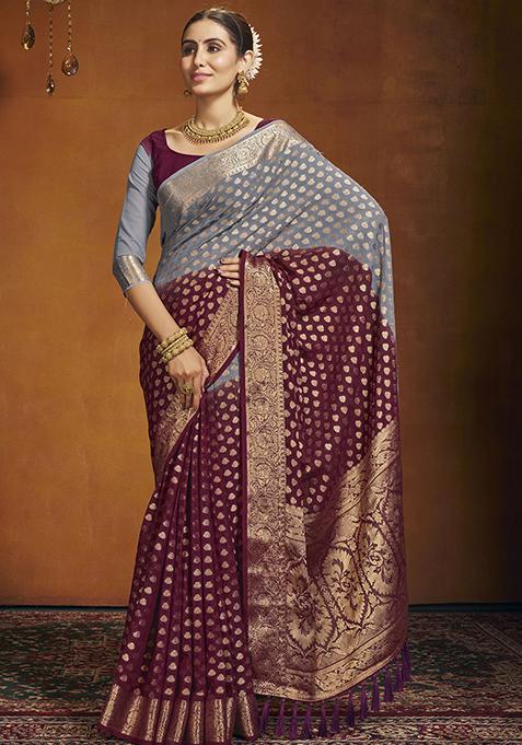 Maroon Woven Georgette Saree Set
