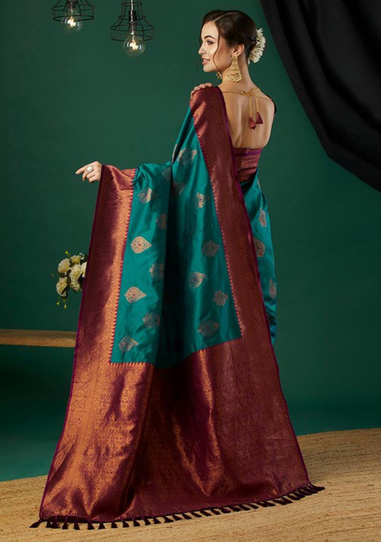 Aqua Blue Woven Banarasi Silk Saree Set