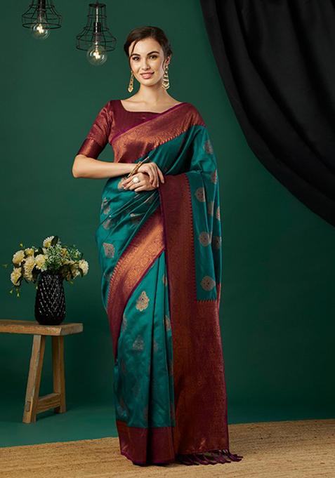 Aqua Blue Woven Banarasi Silk Saree Set