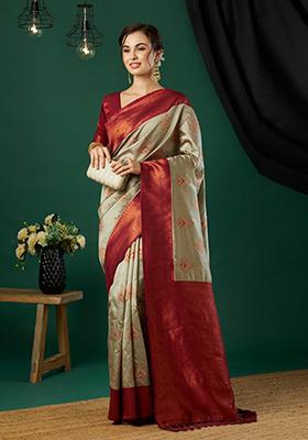 Chiku Brown Woven Banarasi Silk Saree Set