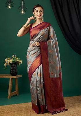 Grey Woven Banarasi Silk Saree Set
