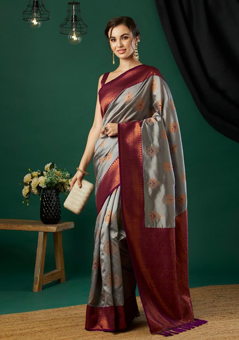 Grey Woven Banarasi Silk Saree Set