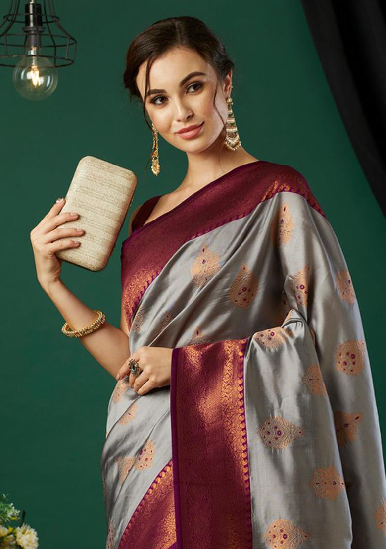 Grey Woven Banarasi Silk Saree Set