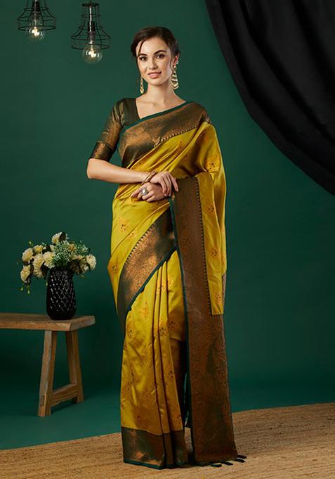 Olive Woven Banarasi Silk Saree Set