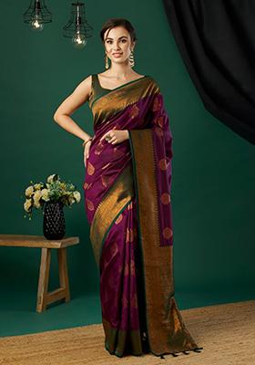 Wine Woven Banarasi Silk Saree Set